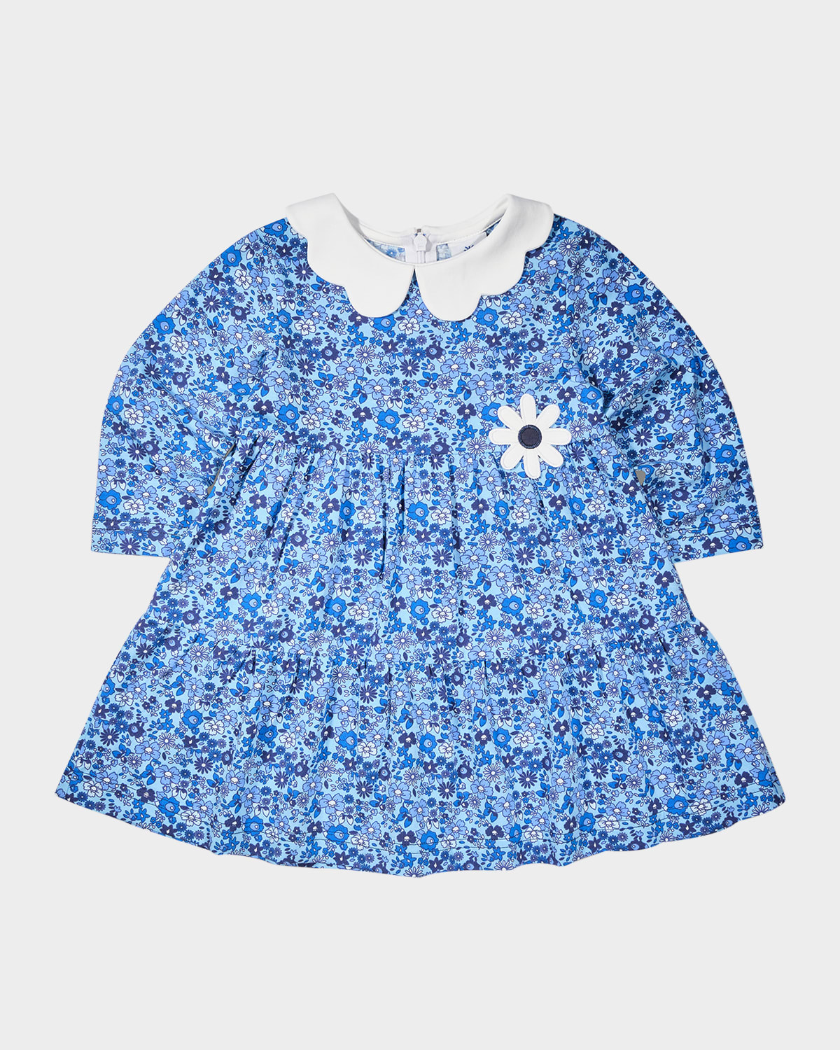 Florence Eiseman Girl's Flower Applique Floral-print Knit Dress In Blue