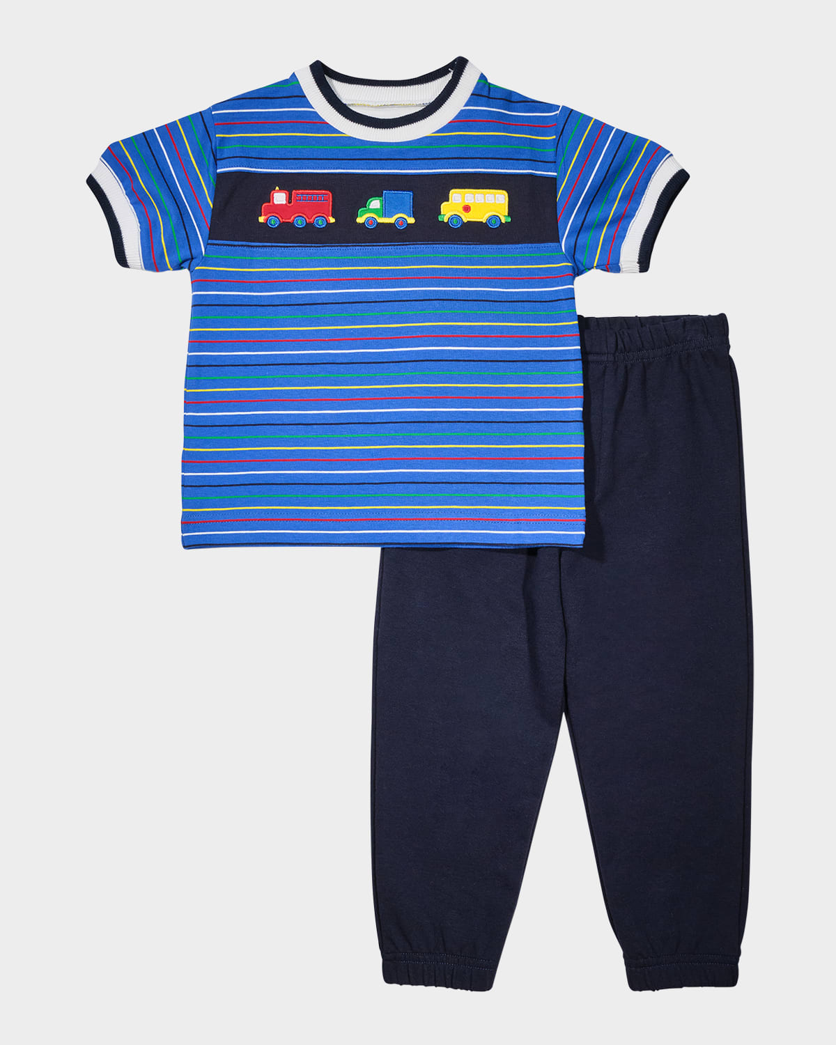 Florence Eiseman Boy's Vehicles Stripe Knit Shirt & Jog Pants Set In Blue