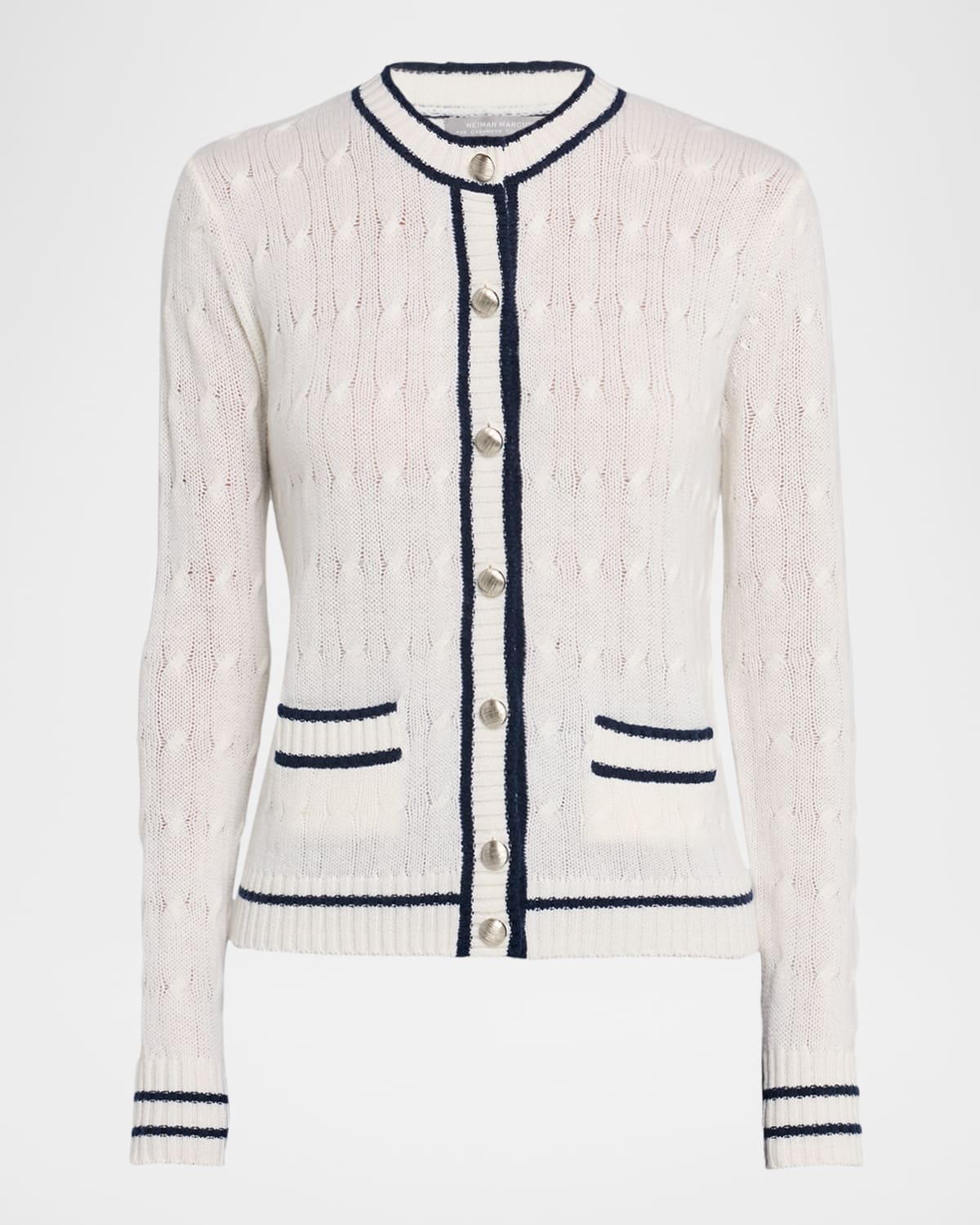 Neiman Marcus Cashmere Cable-knit Pocket Cardigan In White