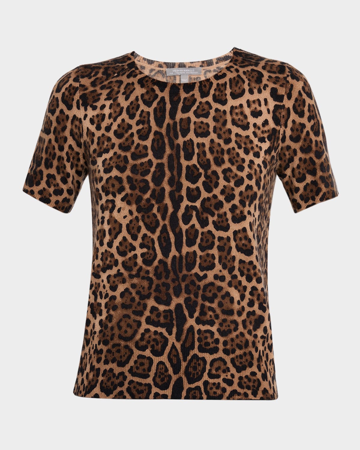 Neiman Marcus Cashmere Jaguar-print Crewneck Sweater In Brown
