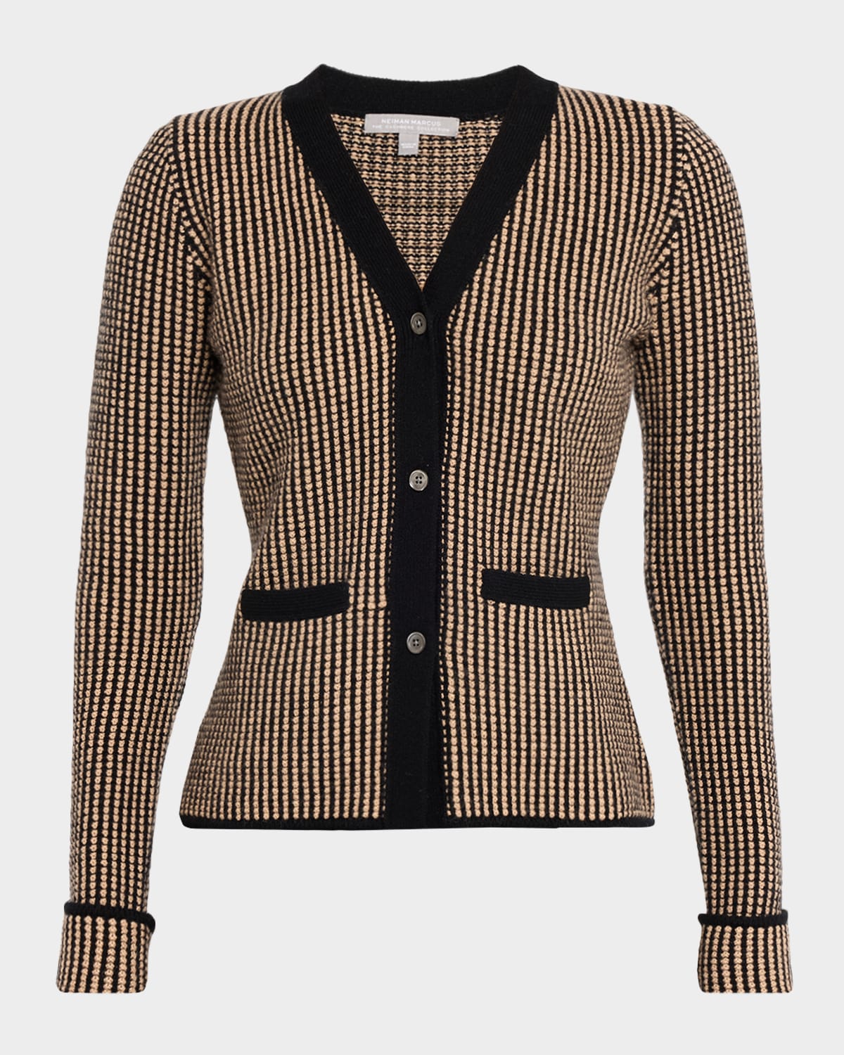 Neiman Marcus Cashmere Contrast Pique Knit Jacket In Brown