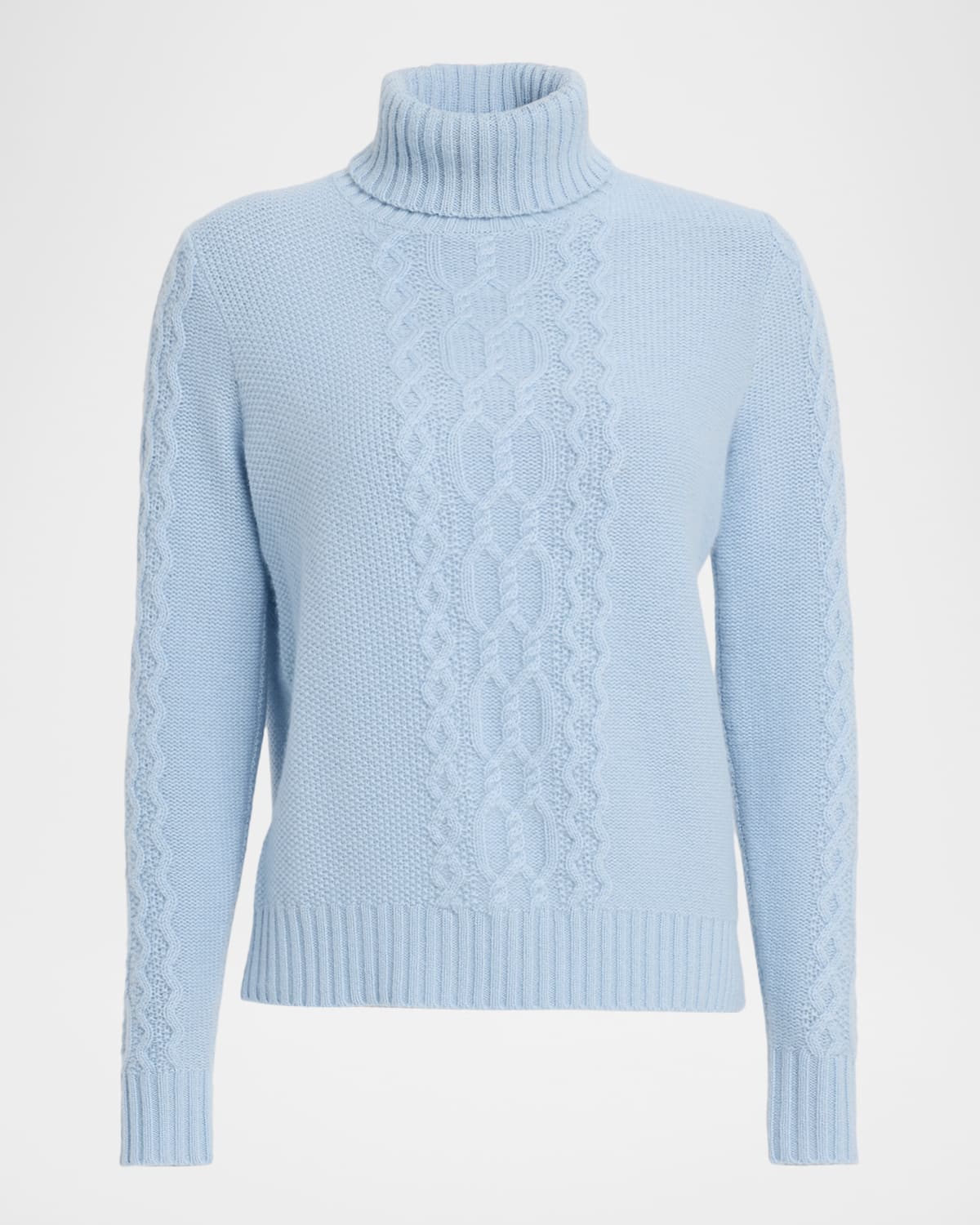 Neiman Marcus Cashmere Placed Cable Turtleneck Sweater In Blue