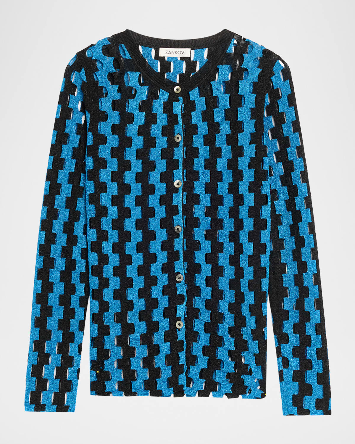 Zankov Bowery Metallic Open-knit Crewneck Cardigan In Blue
