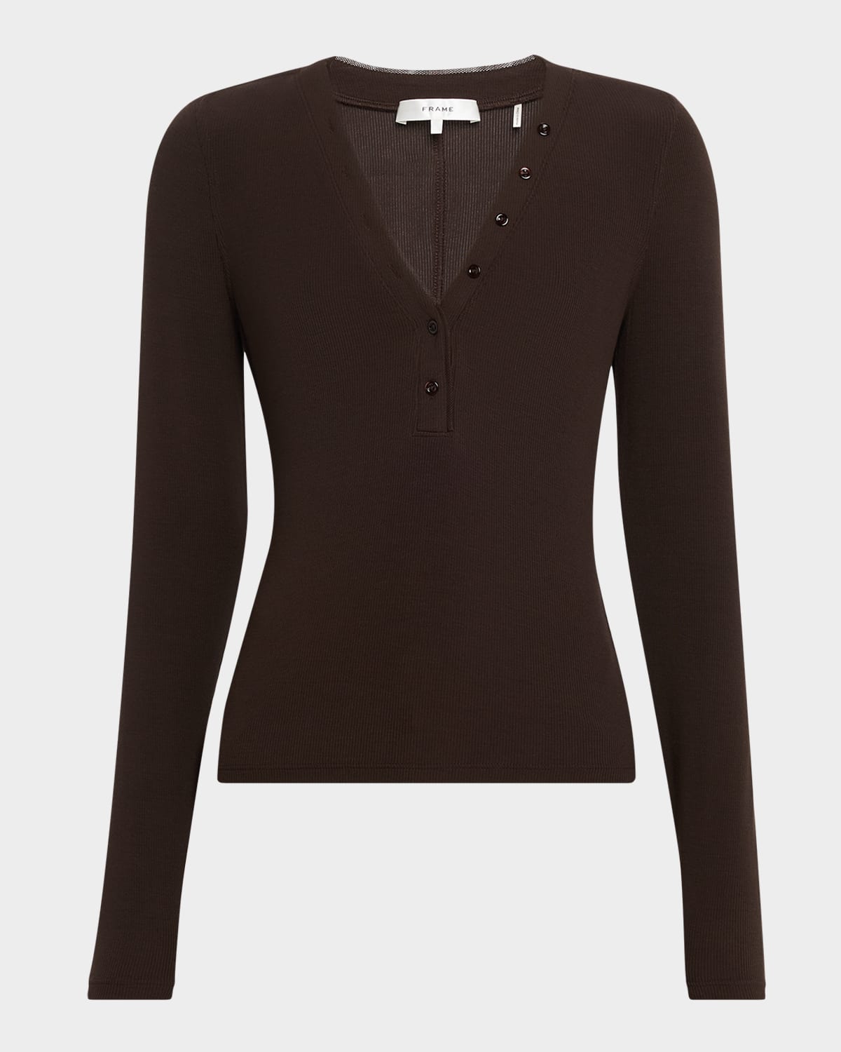 Frame Womens Coffee The Henley Ribbed Modal-jersey Top In Brown