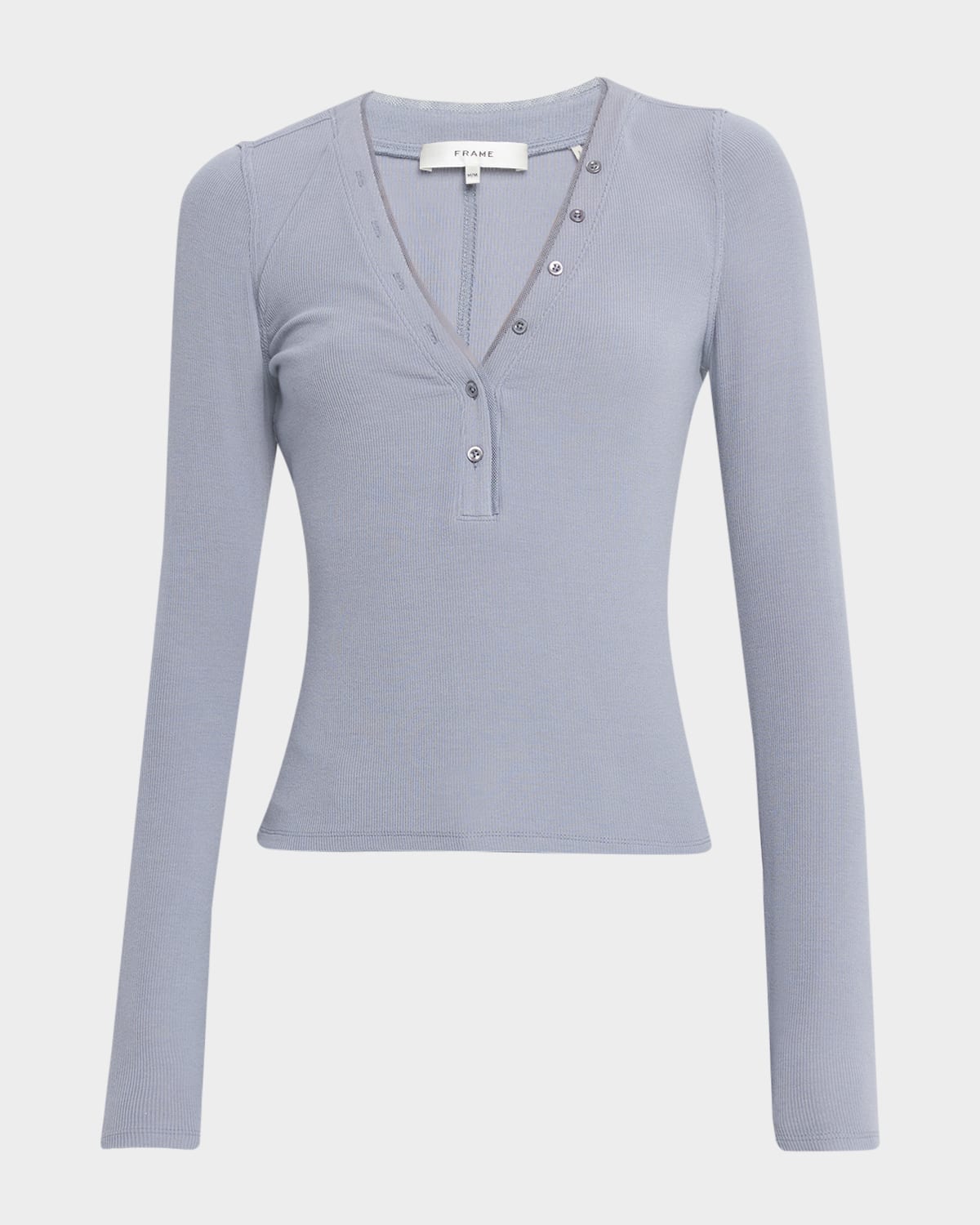Frame The Mesh Trim Ribbed Henley Top In Gray