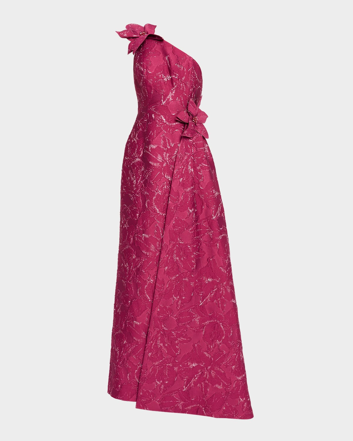 Rickie Freeman for Teri Jon Draped One-Shoulder Floral Jacquard Gown