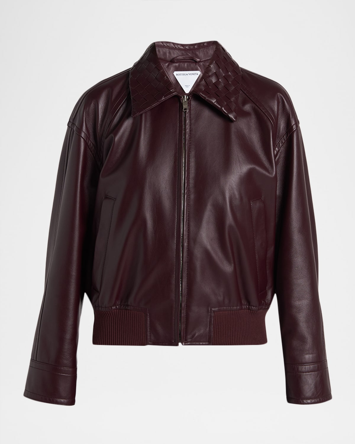 Bottega Veneta Intrecciato Collar Leather Bomber Jacket In Brown