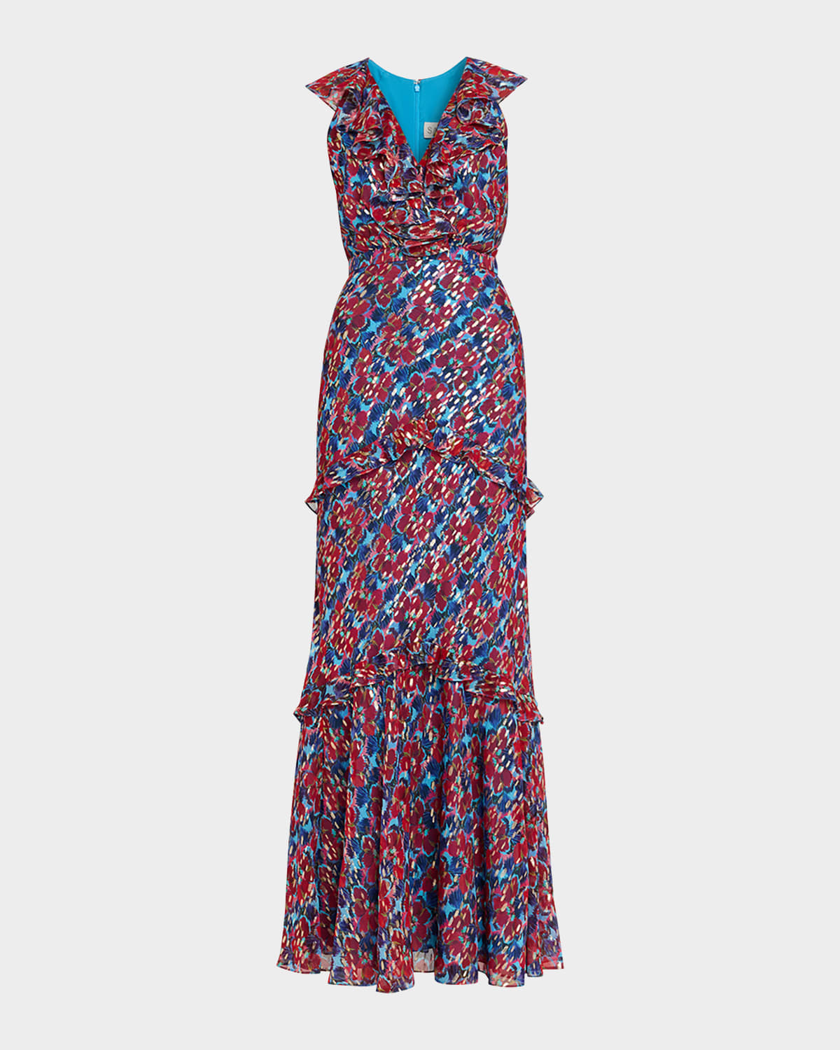 Saloni Rita Ruffled Floral-print Metallic Silk-georgette Gown In Multi