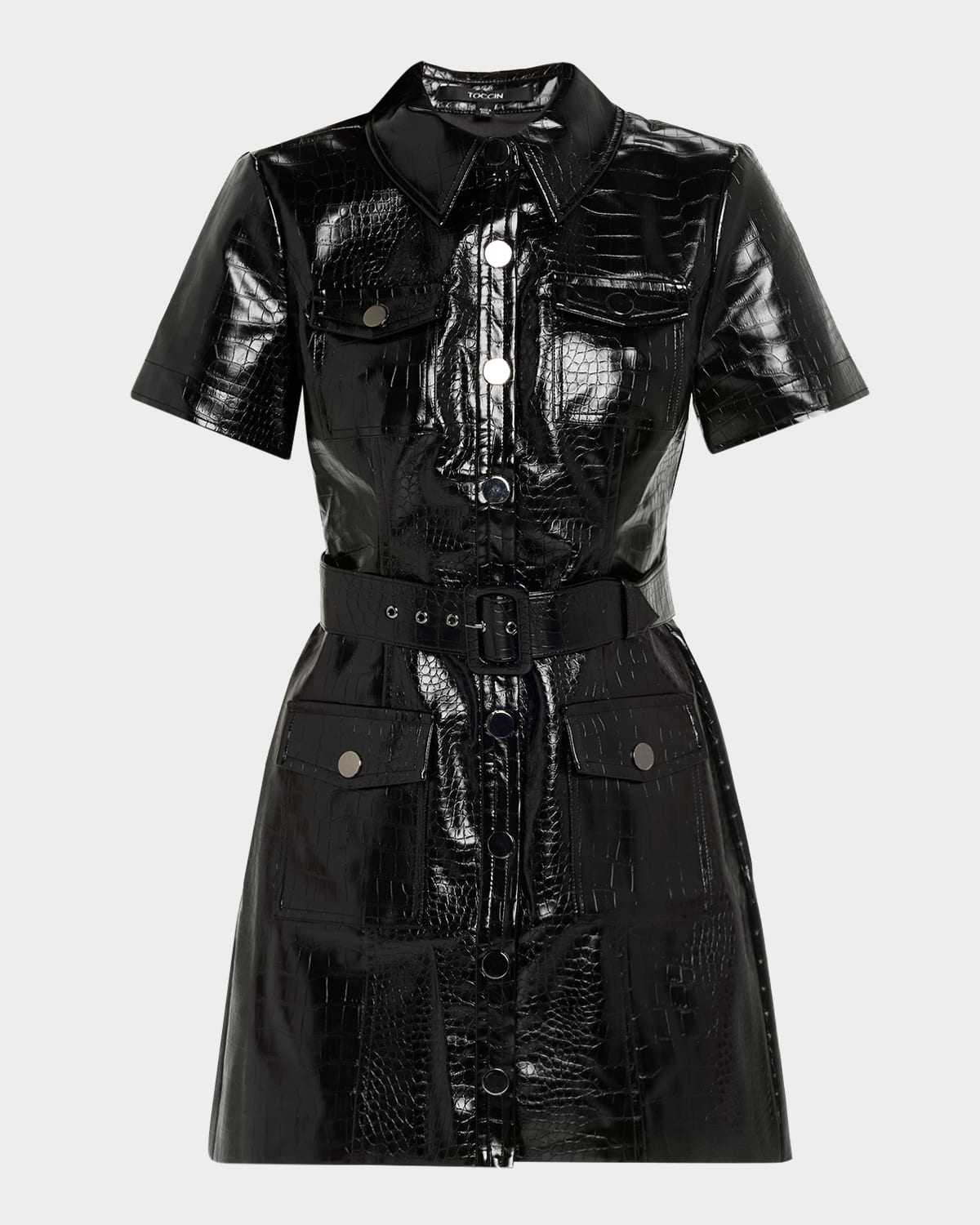 Toccin Lydia Croc-embossed Vegan Leather Mini Shirtdress In Black