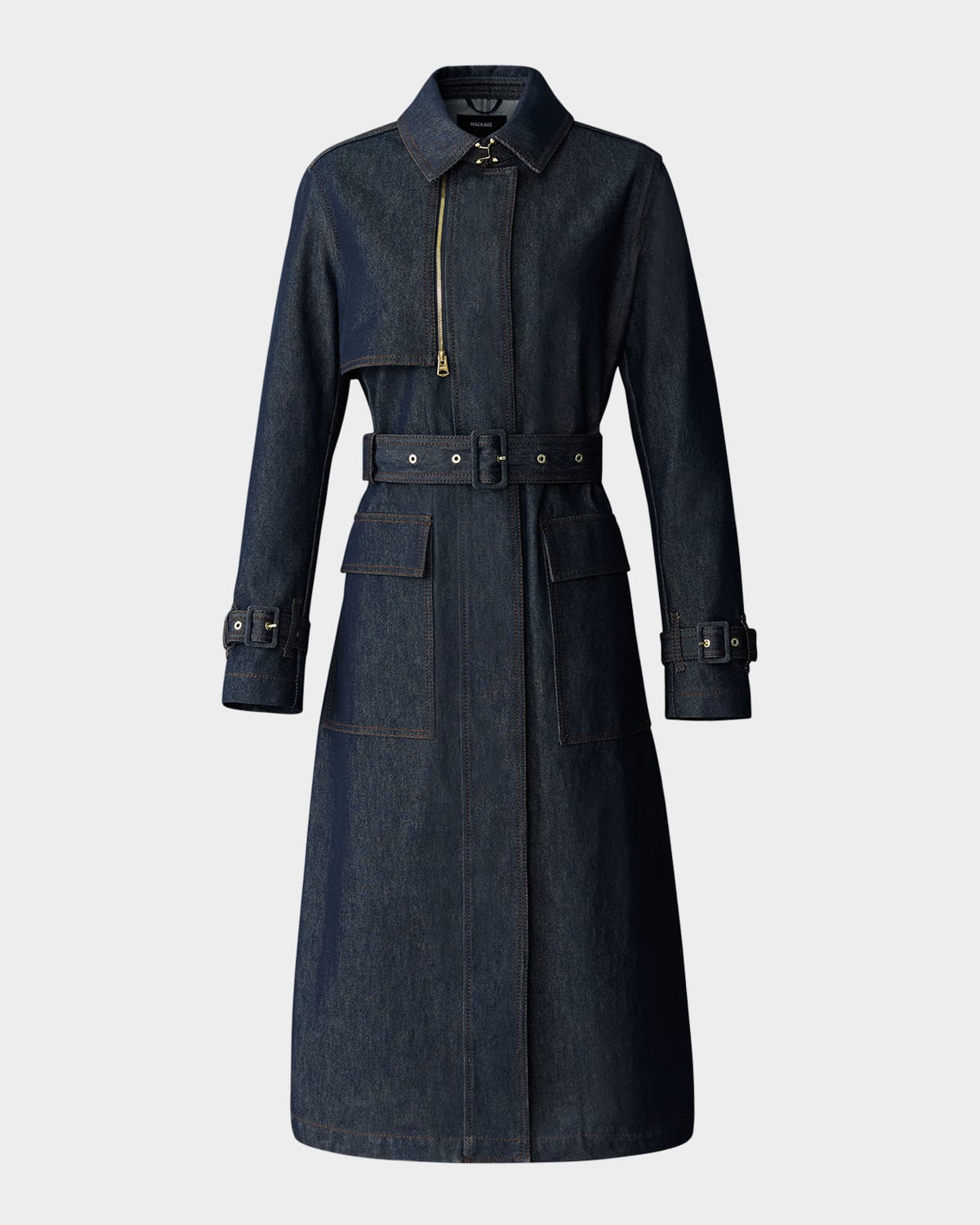 Mackage India Belted Denim Trench Coat In Blue