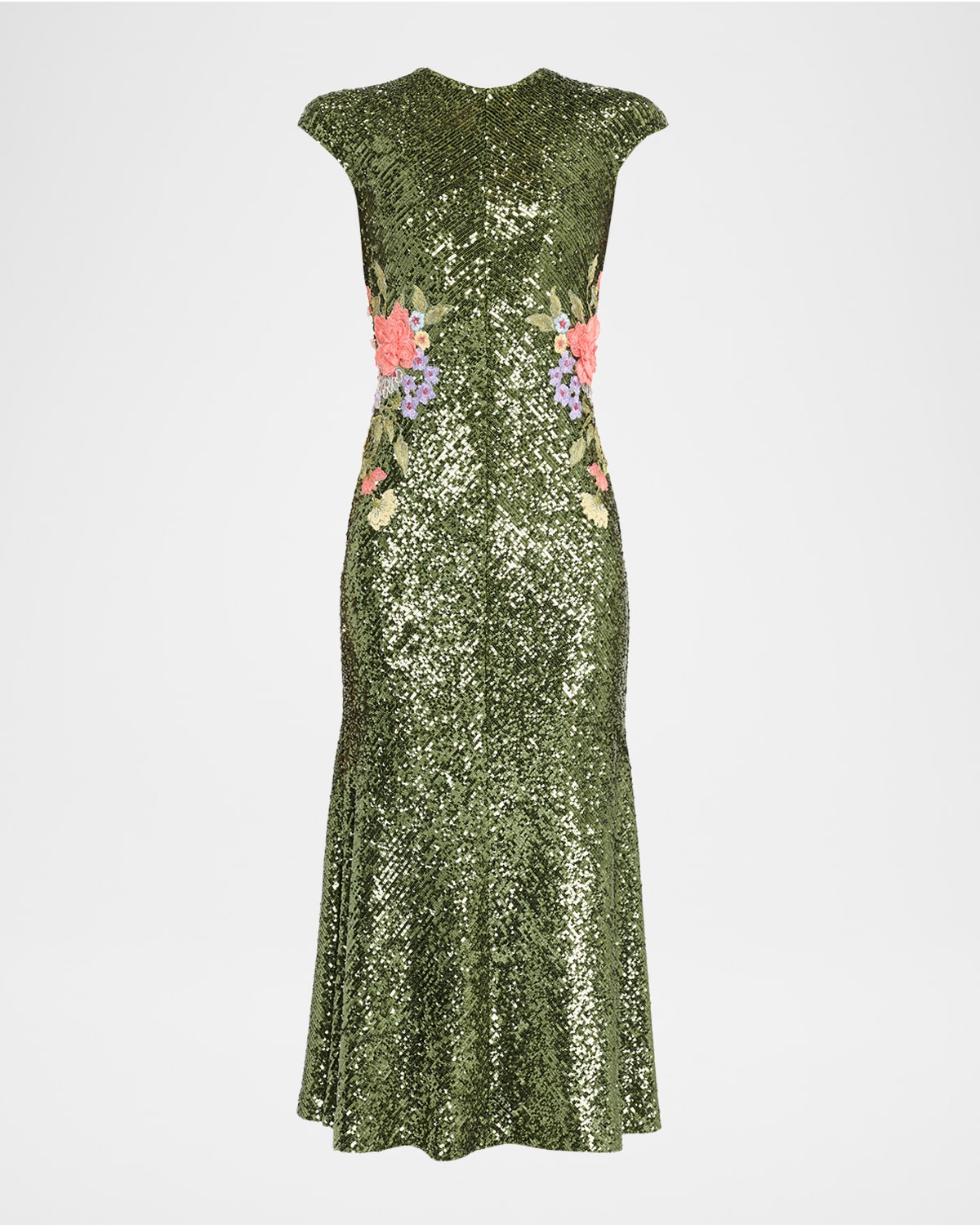 Naeem Khan Floral Embroidered Stretch Sequin Cap-sleeve Midi Dress In Green