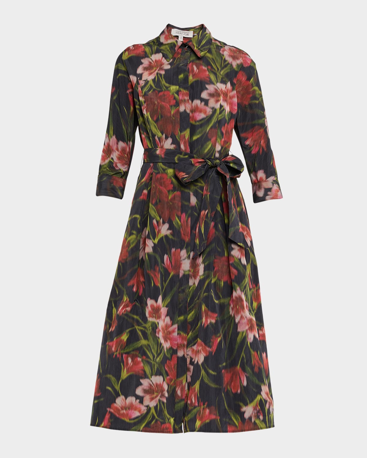 Rickie Freeman For Teri Jon Taffeta Faille Hazy Floral-print Midi Shirtdress In Black