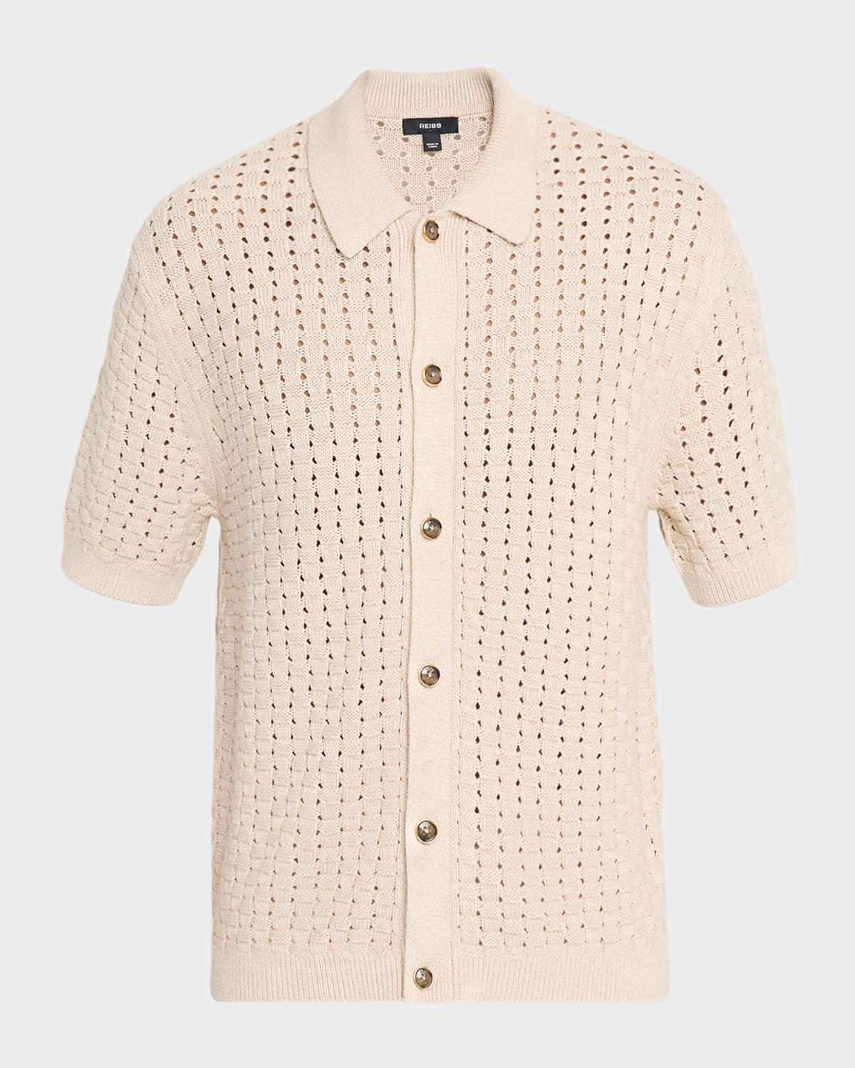 Men's Basketweave Knit Button Short-Sleeve Shirt
