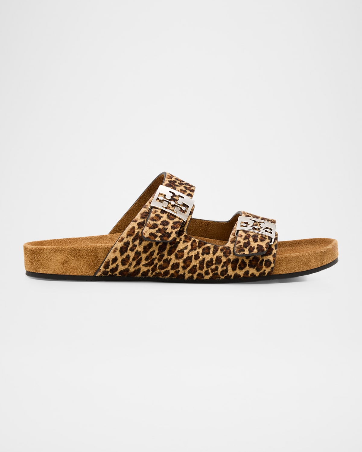 Tory Burch Mellow Leopard Calf Hair Dual-Buckle Slide Sandals
