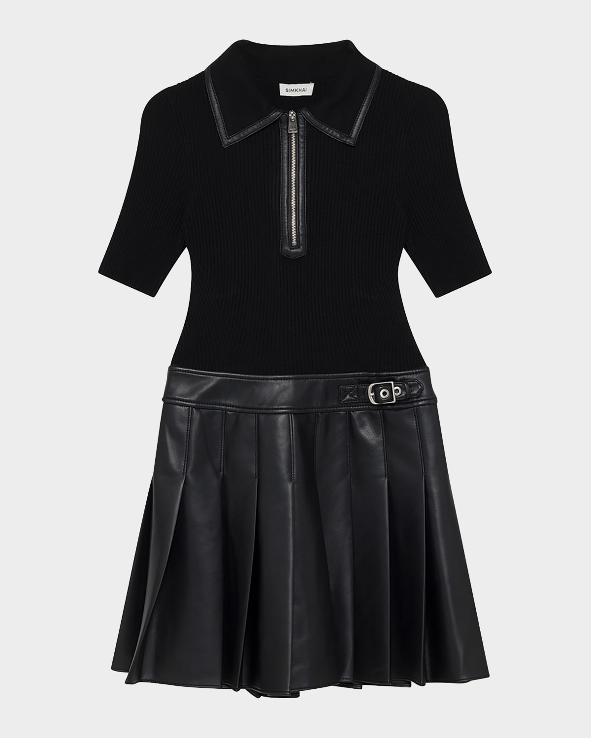 Simkhai Linnie Ribbed-knit And Pleated Mini Dress In Black