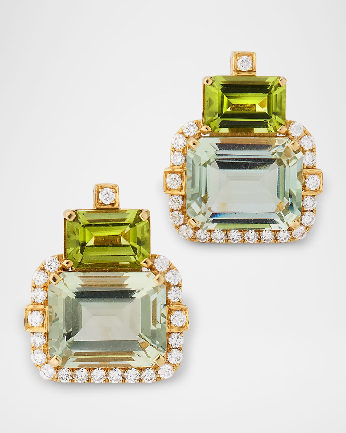 Gossip 18K Yellow Gold Prasiolite and Peridot 2 Stone Emerald Cut Earrings with Diamonds