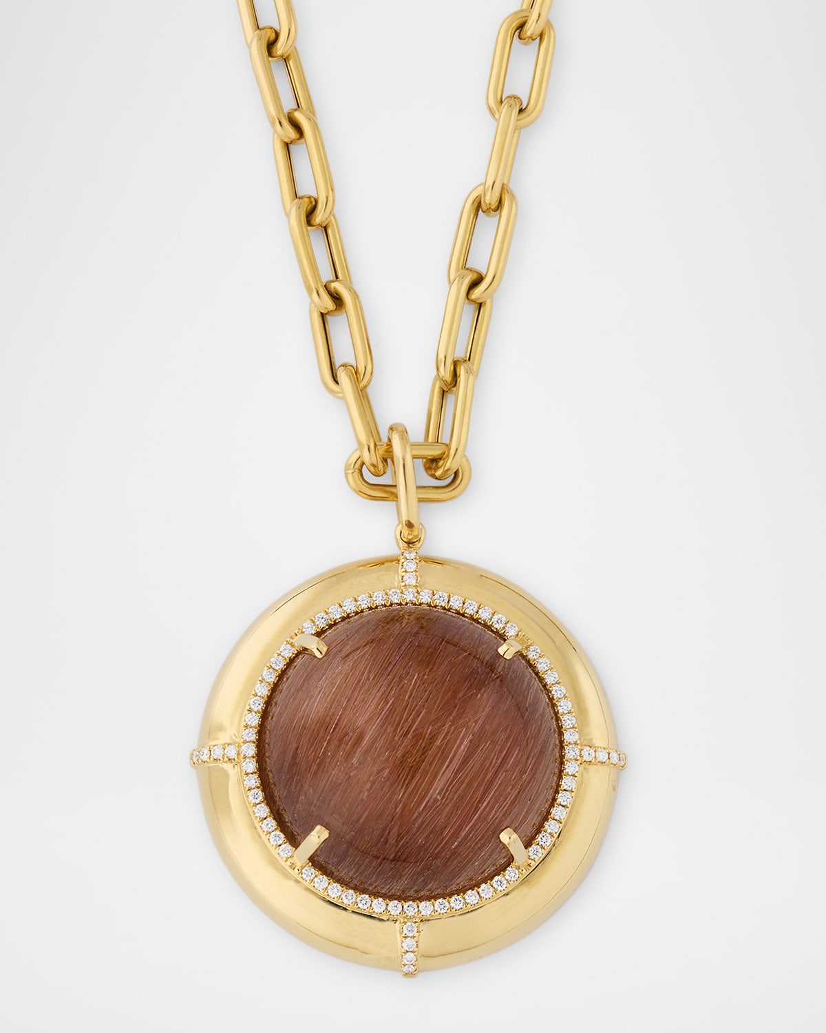 Limited Edition 18K Yellow Gold Round Rutilated Quartz Medallion Pendant Necklace with Diamonds