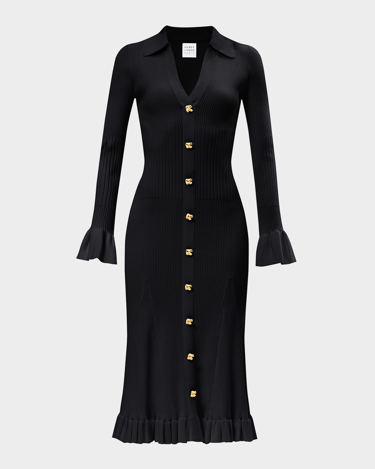 Herve Leger The Hallie Ribbed Button-down Midi Dress In Black
