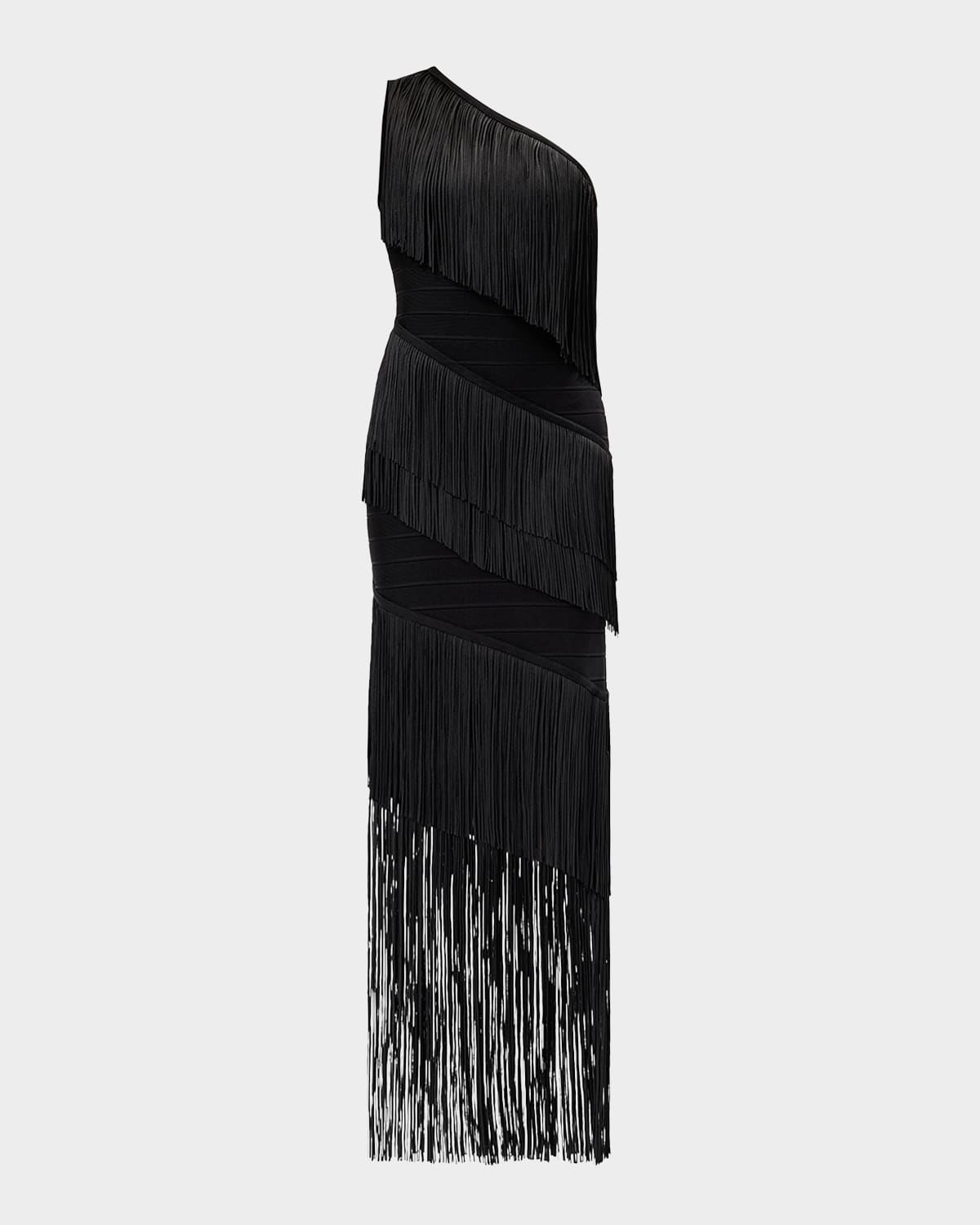 Herve Leger The Eleanor One-shoulder Fringe Gown In Black