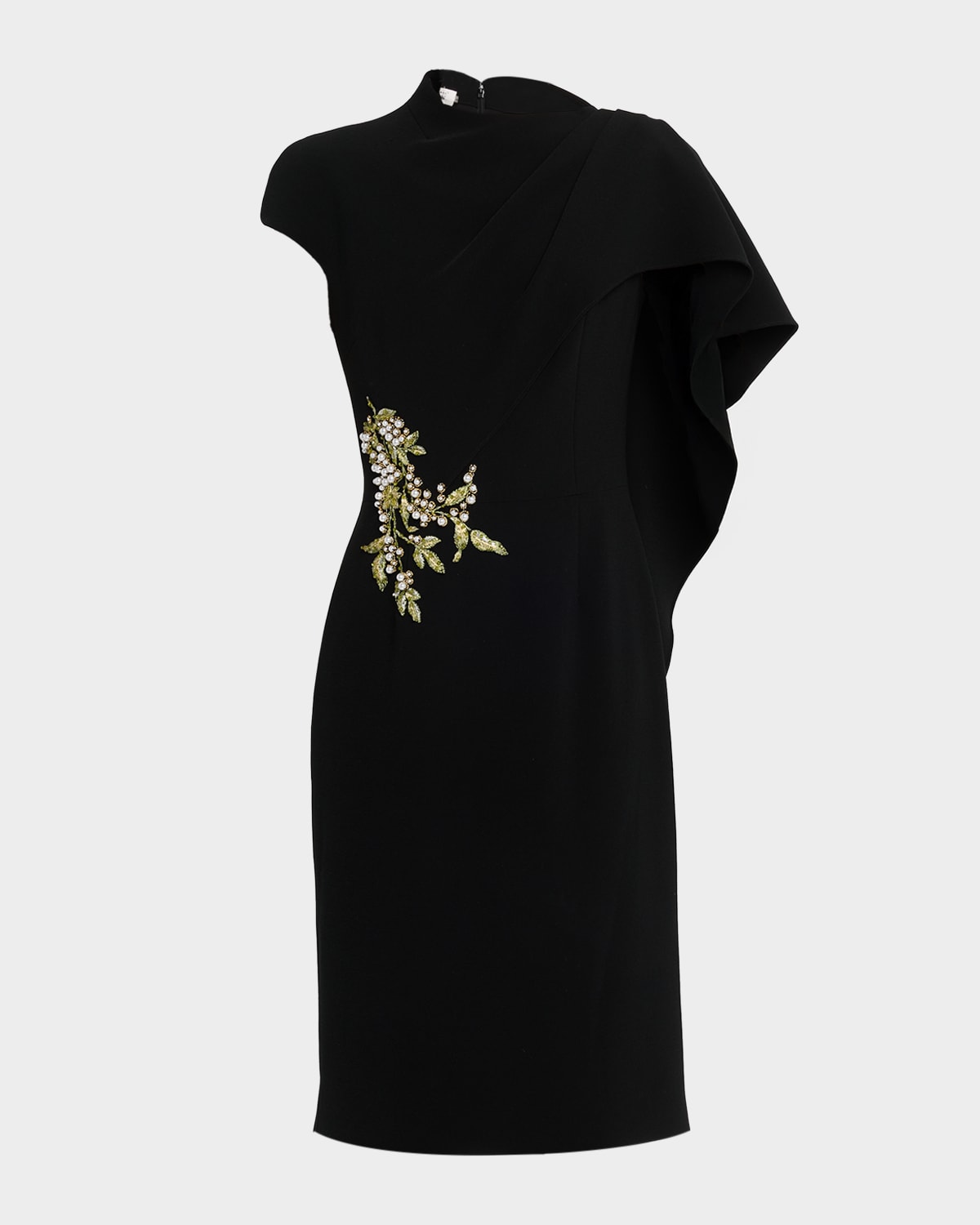 Rickie Freeman For Teri Jon Draped Asymmetric Floral-embellished Dress In Black
