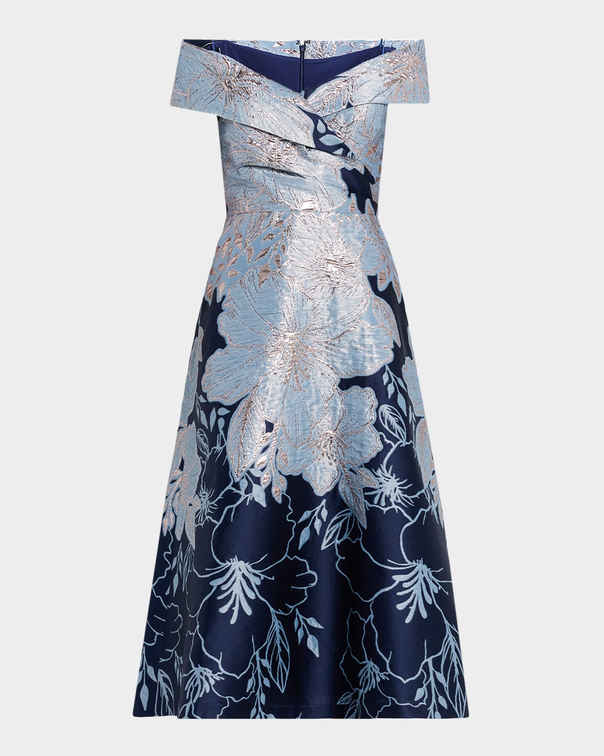 Rickie Freeman For Teri Jon Off-shoulder Metallic Jacquard Midi Dress In Blue