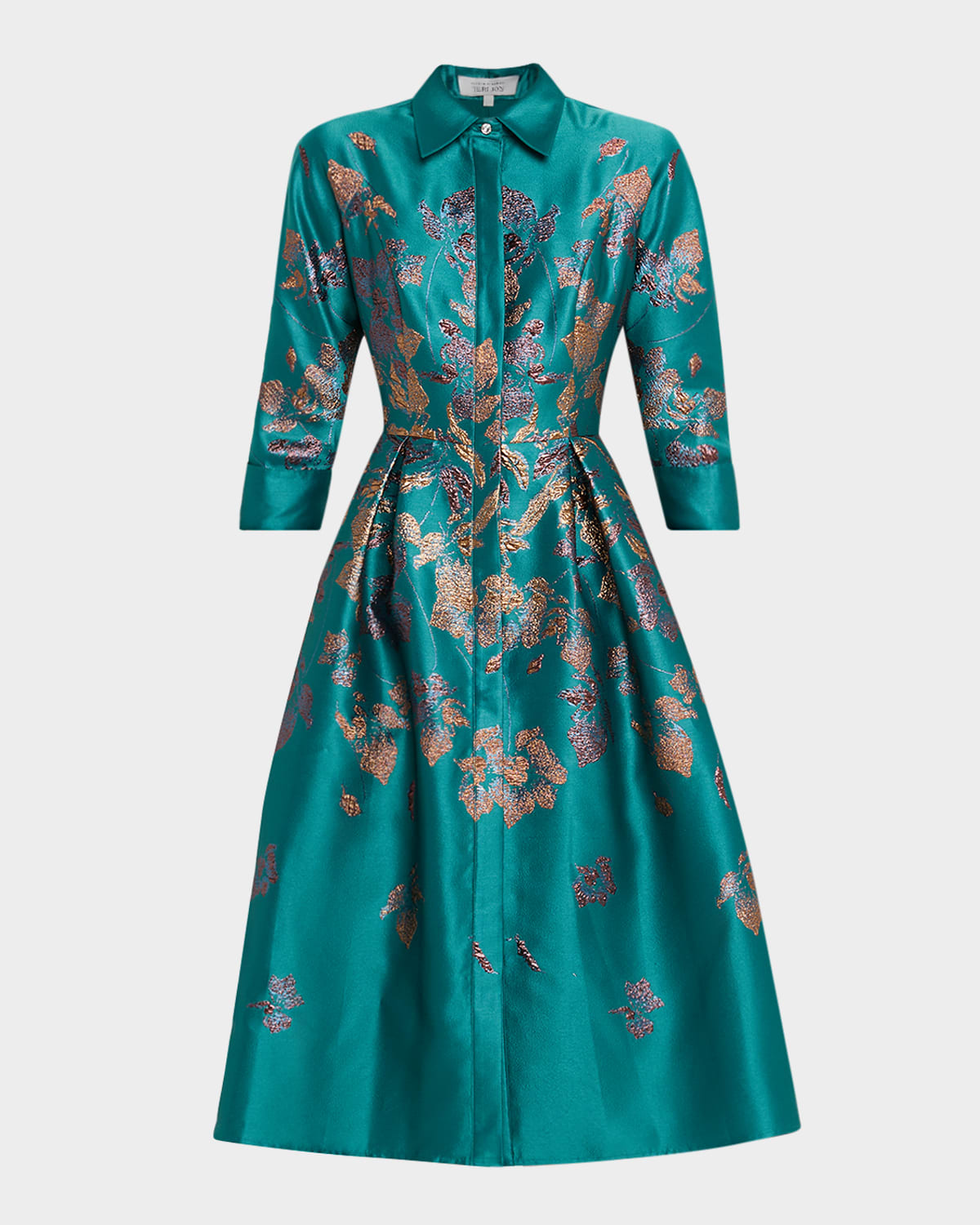 Rickie Freeman For Teri Jon Pleated Metallic Jacquard Midi Shirtdress In Blue