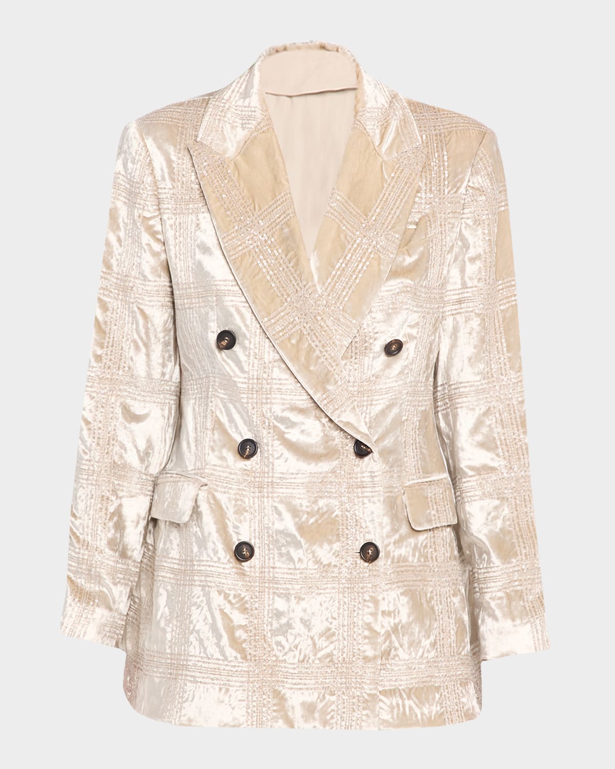 Brunello Cucinelli Pailette Prince Of Wales Shiny Velvet Double-breasted Jacket In Brown