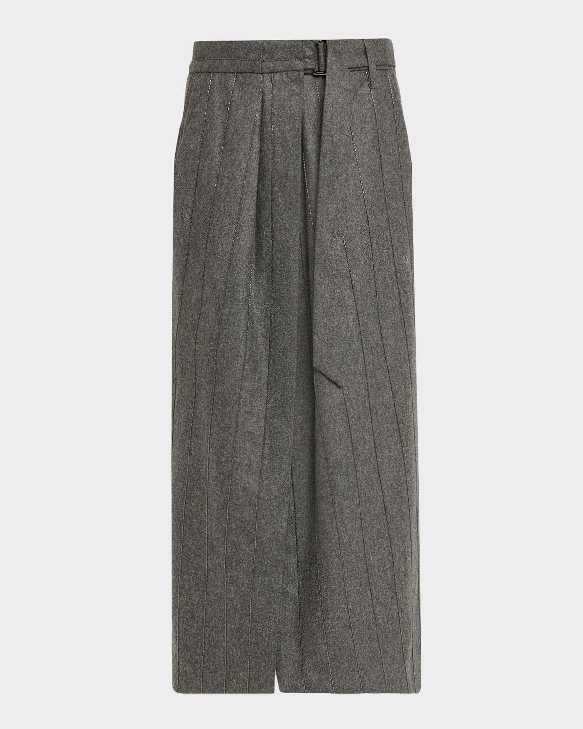 Brunello Cucinelli Monili Pinstripe Wool Flannel Wrap Midi Skirt In Gray