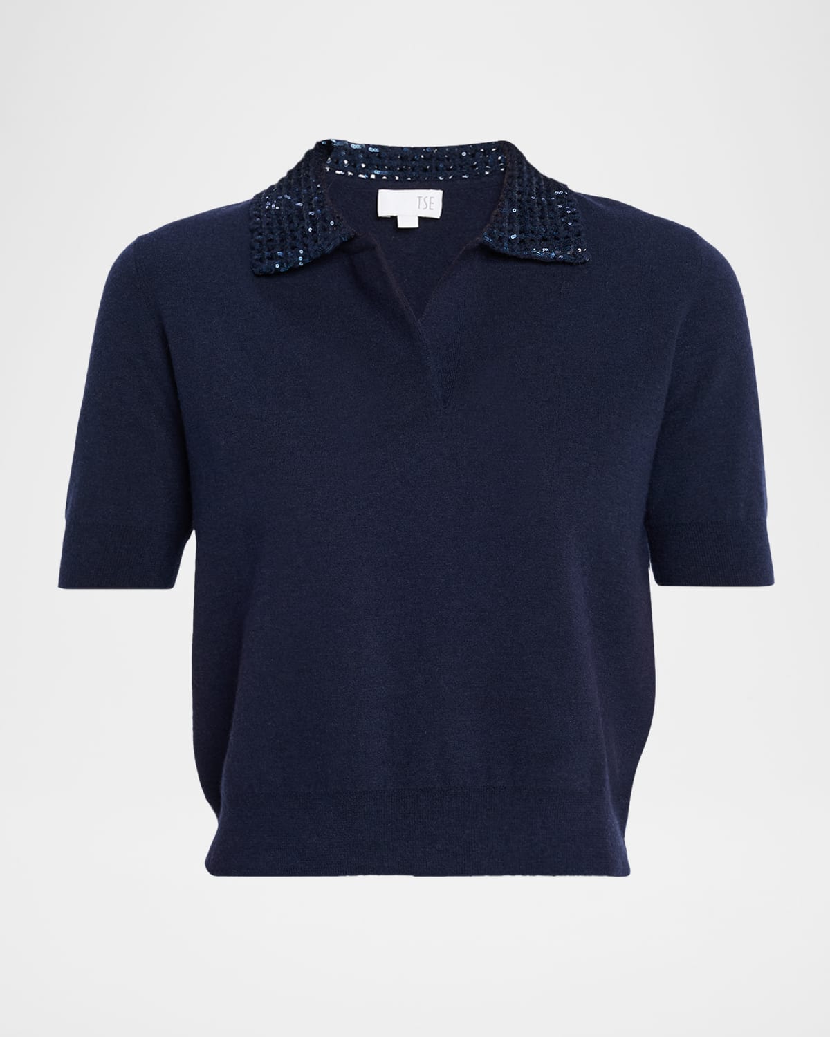 Tse Cashmere Sequin-collar Polo Top In Blue