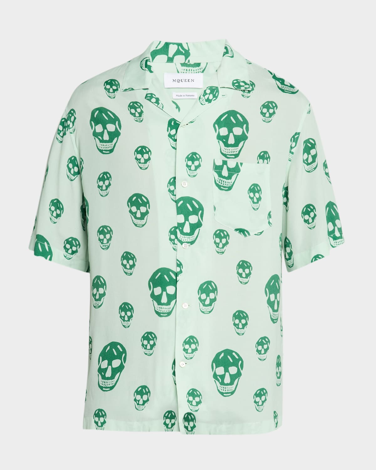Alexander Mcqueen Men's Skulls Crepe De Chine Camp Shirt In Green