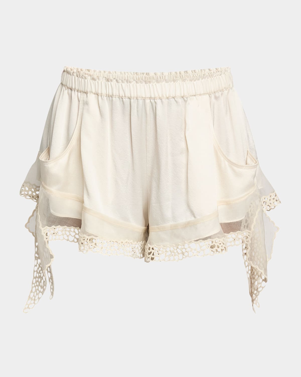 Isabel Marant Frilly Embroidered Ruffle Silk Shorts