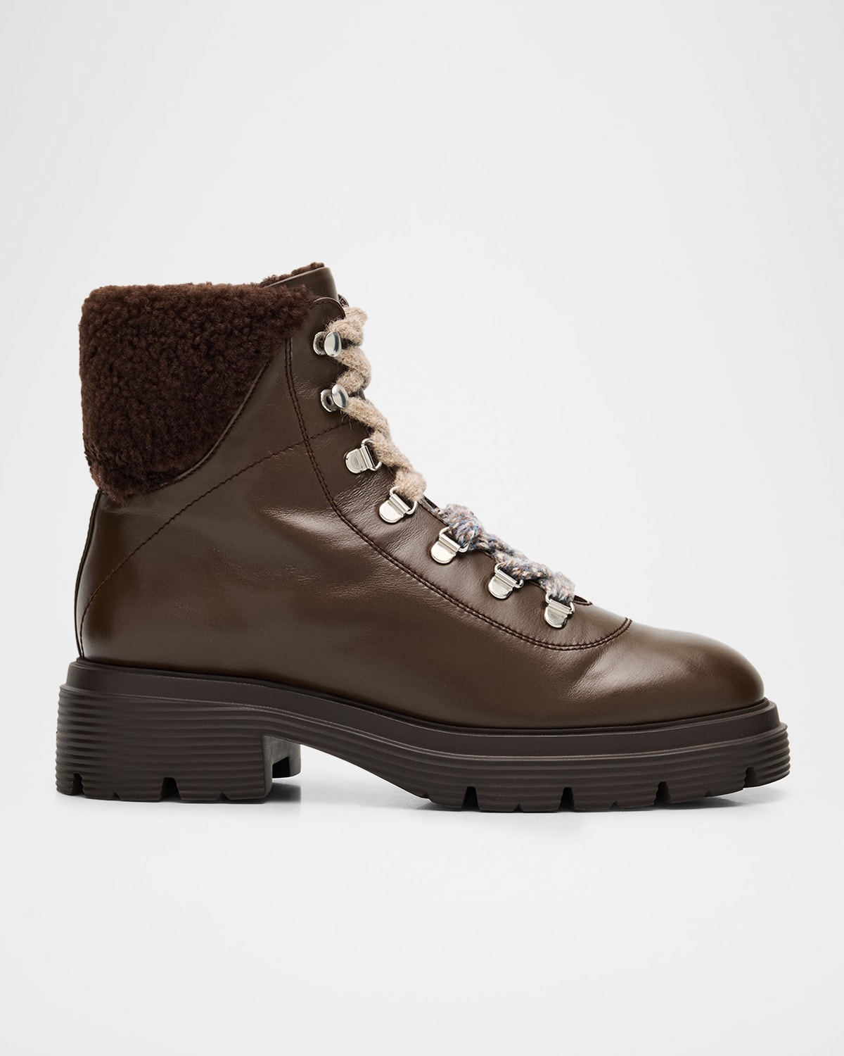 Stuart Weitzman Hudson Lite Lace Shearling-lined Leather Combat Boots In Brown