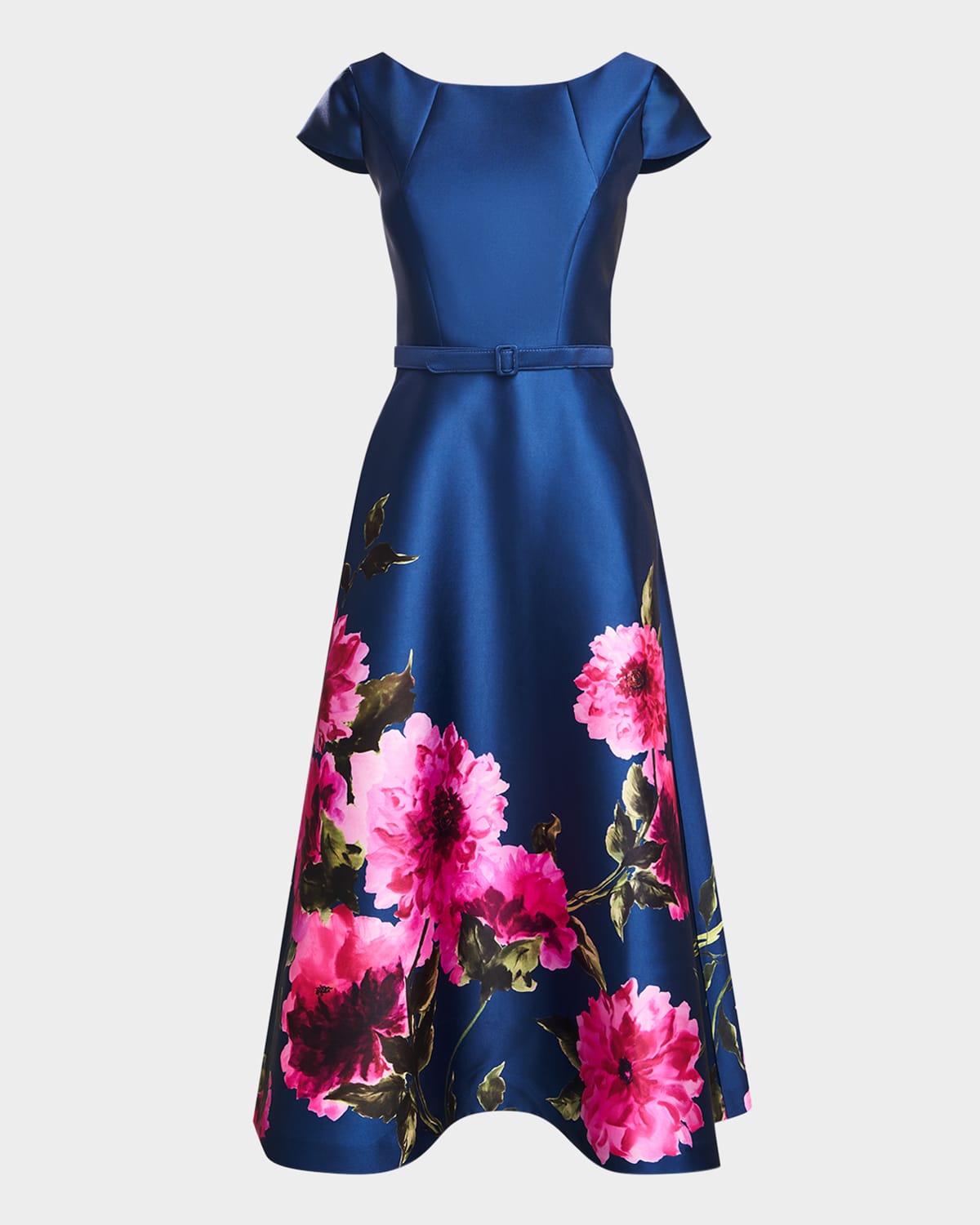 Kay Unger Ina Belted Tea-length Floral Mikado Dress In Blue