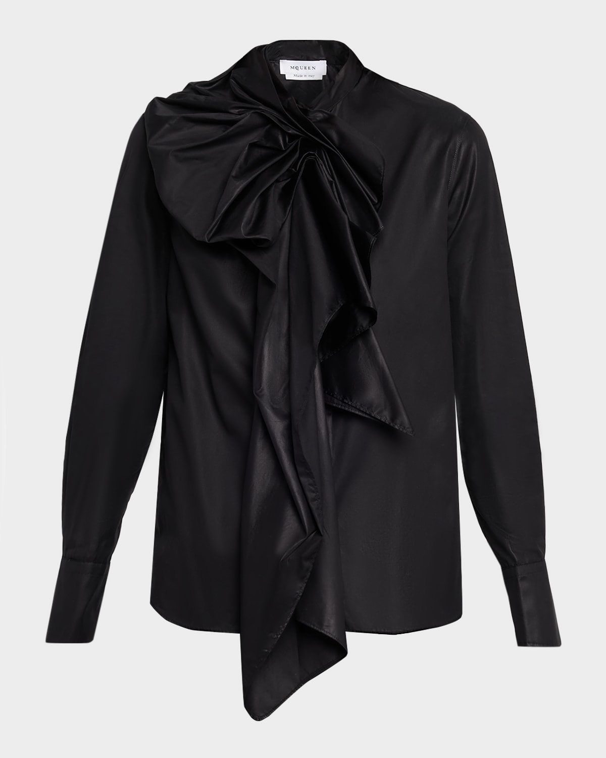 Alexander Mcqueen Draped Ruffle Cotton Poplin Blouse In Black