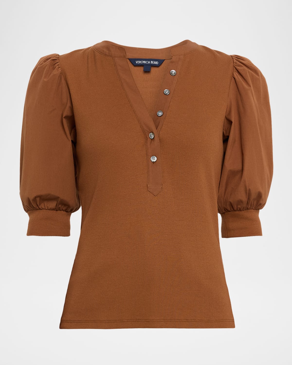 Veronica Beard Coralee Puff Sleeve Mixed Media Henley Top In Brown