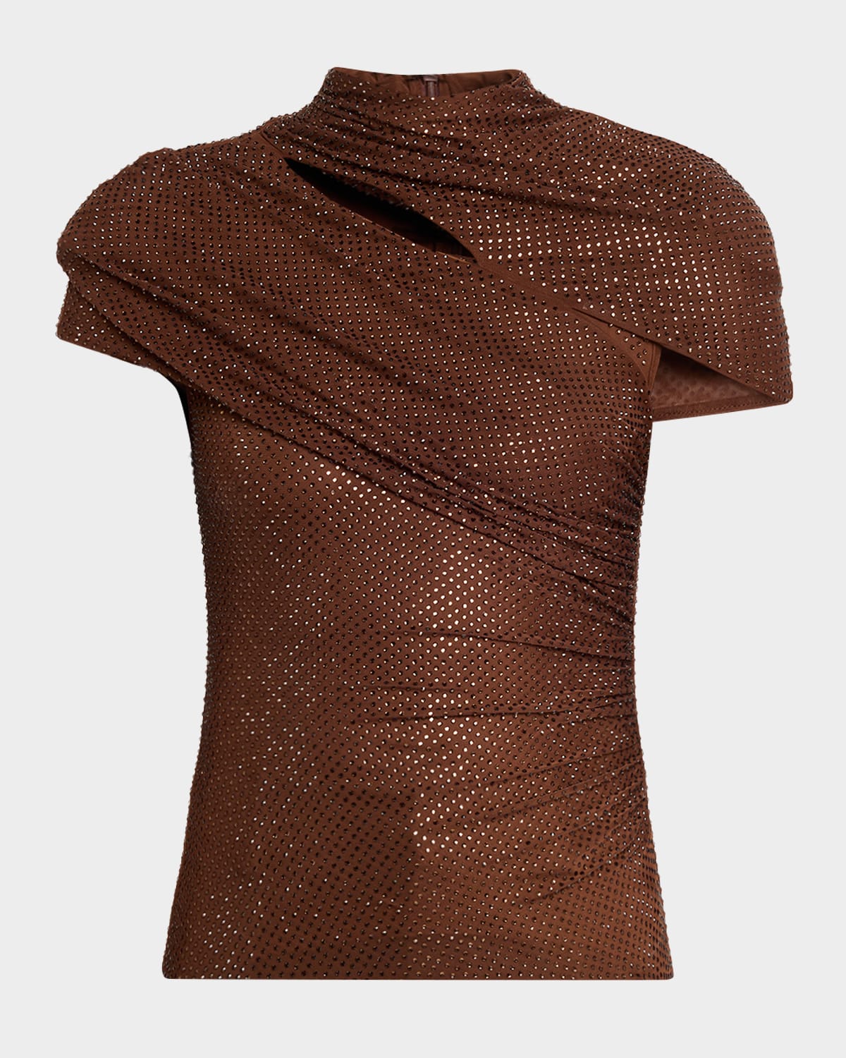 Self-portrait Rhinestone Cutout Mesh Top In Brown