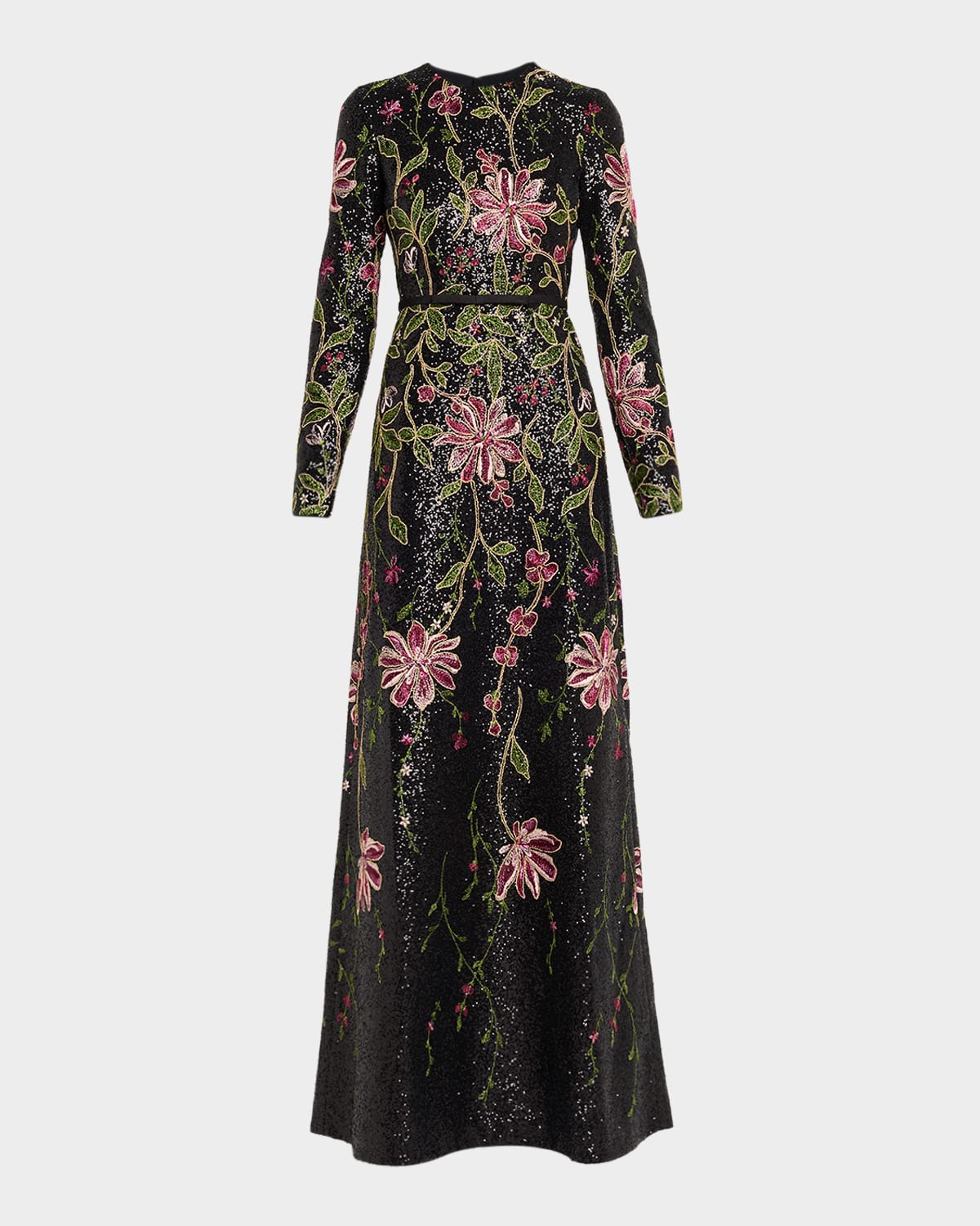 Giambattista Valli Floral Sequined Long-sleeve A-line Gown In Black