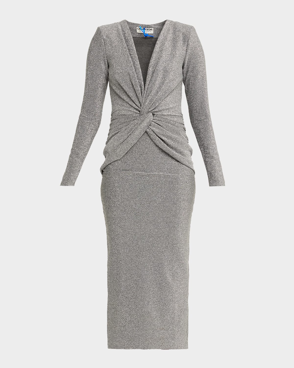 Chiara Boni La Petite Robe Jarra Twist-front Shimmer Bodycon Midi Dress In Silver