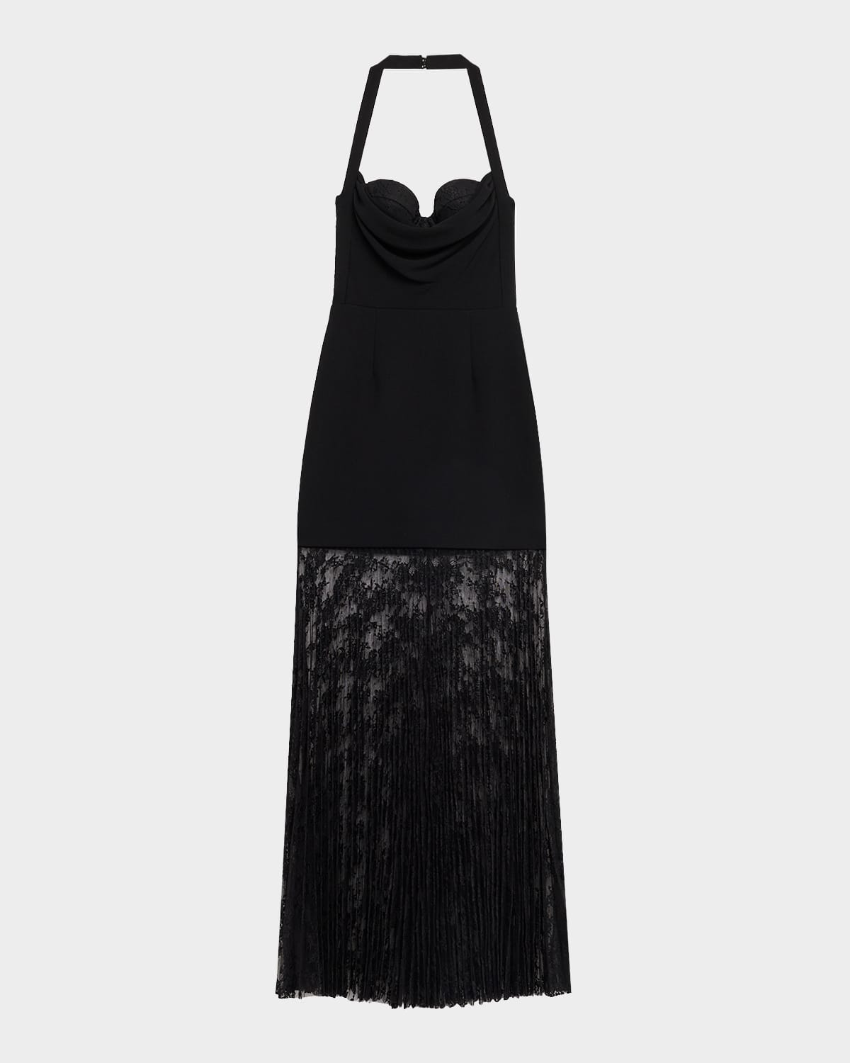 Rebecca Vallance Milena Pleated Floral Lace Halter Gown In Black