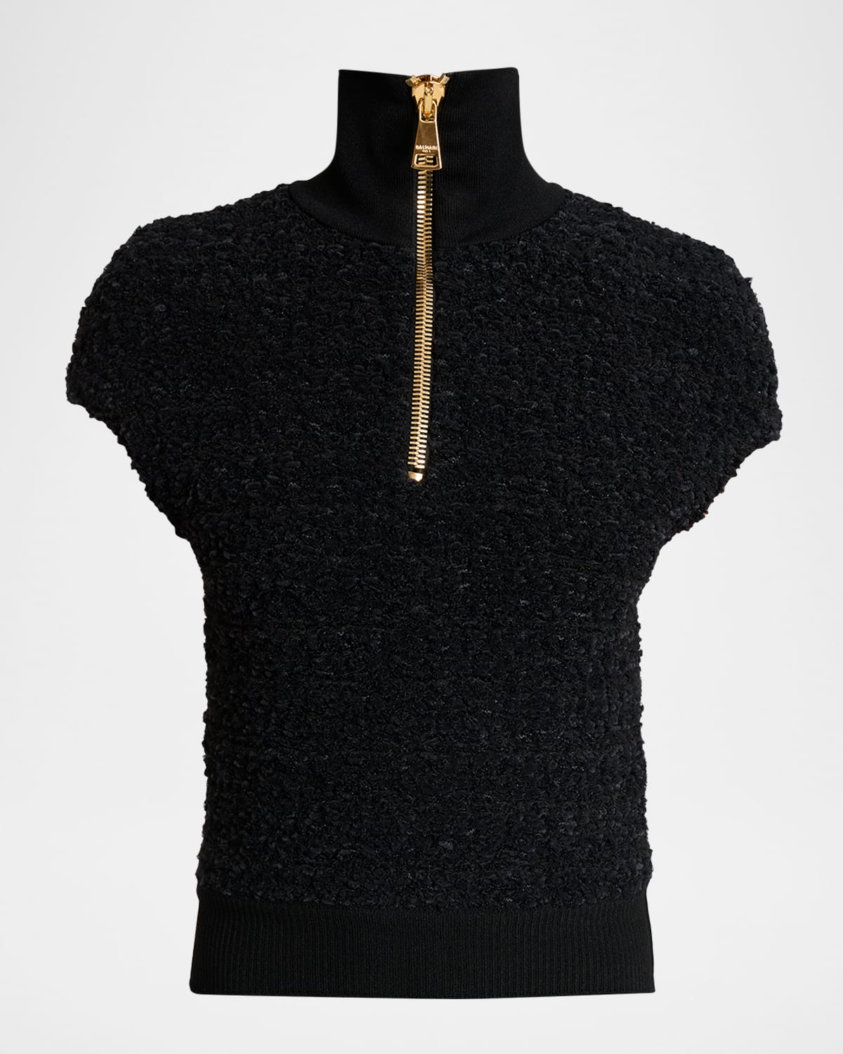 Balmain Short-sleeve Textured Wool Zip Top In Black