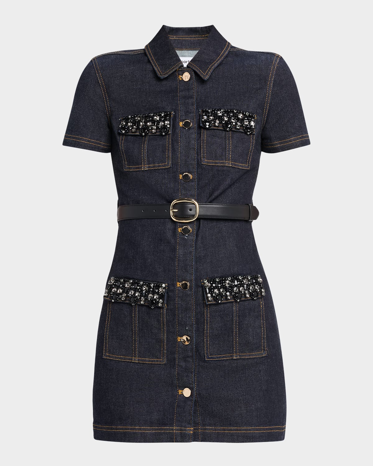 Self-portrait Indigo Denim Crystal Trim Mini Dress In Blue