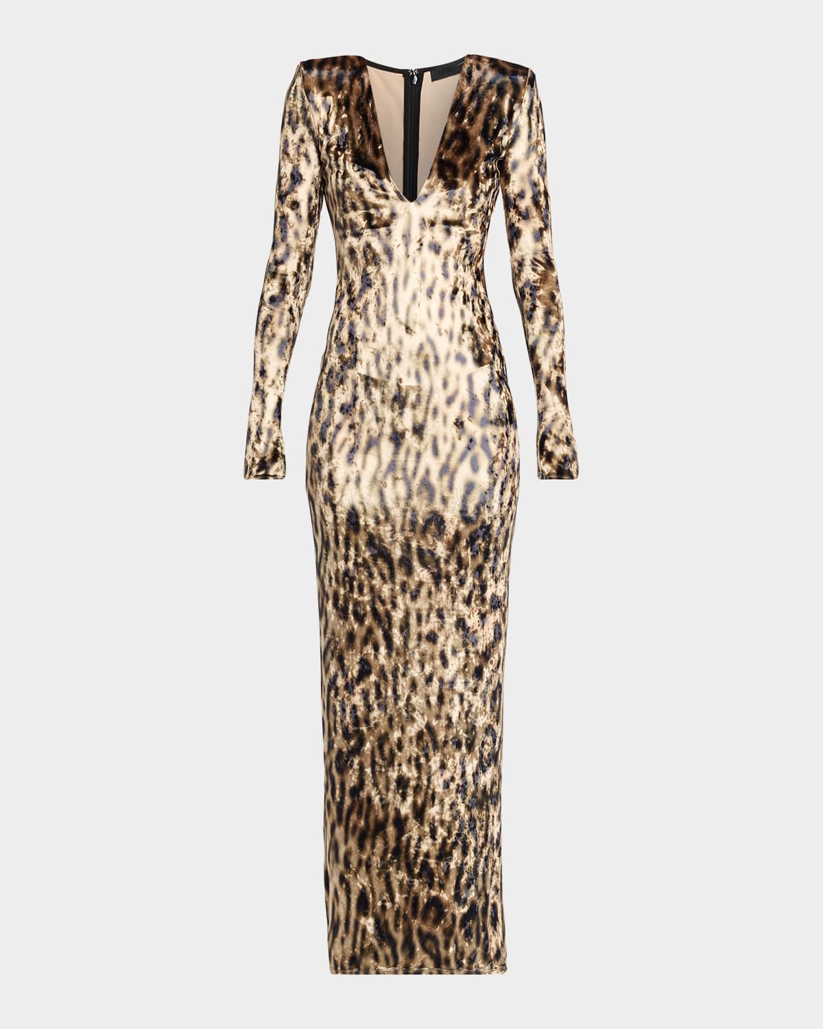 LAPOINTE Plunging Ocelot-Print Velvet Long-Sleeve Maxi Dress