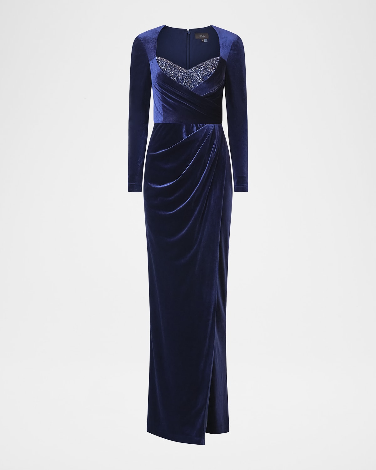 Theia Emerson Draped Stretch Velvet Column Gown In Blue