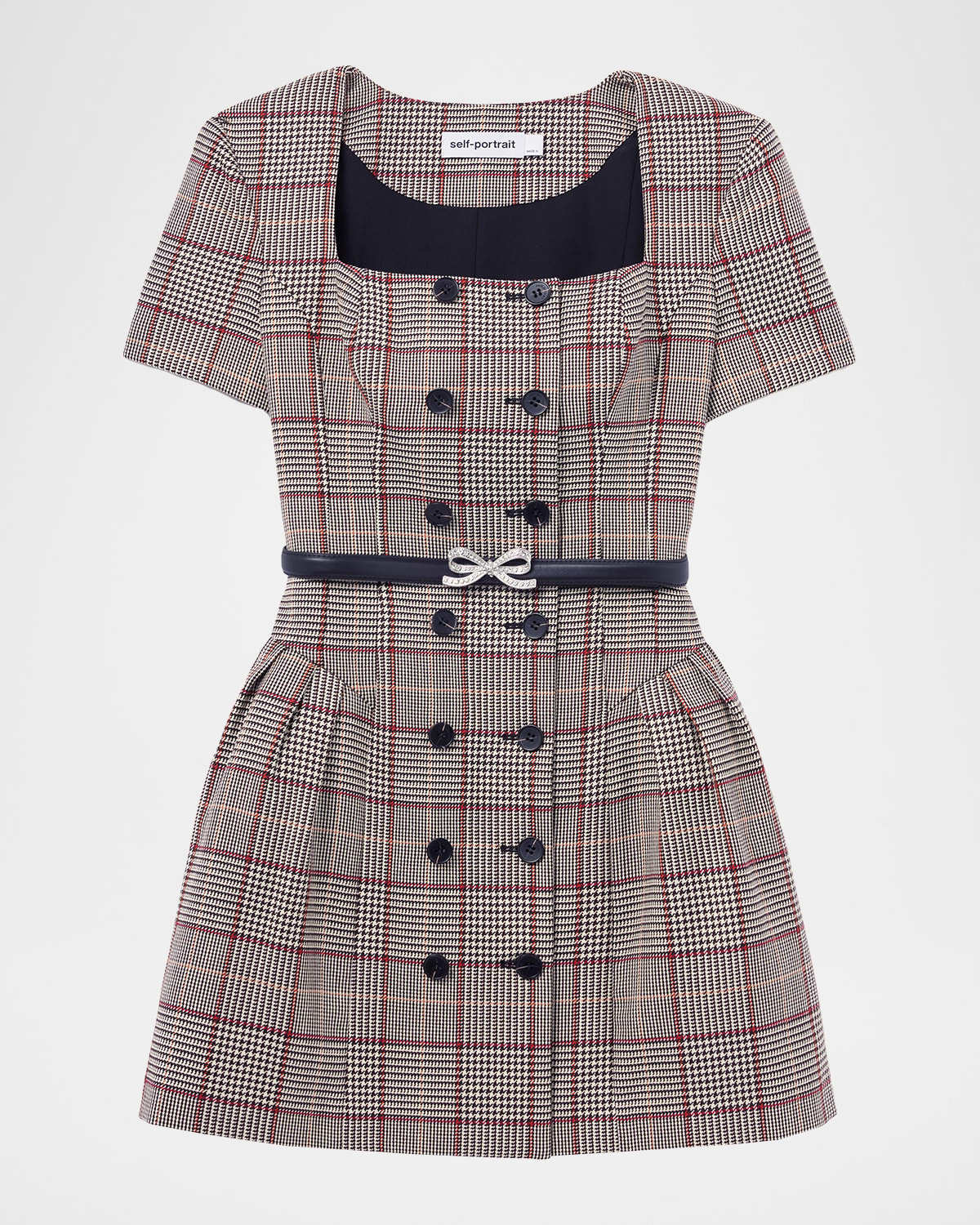 Self-portrait Brown Check Short Sleeve Mini Dress In Neutral