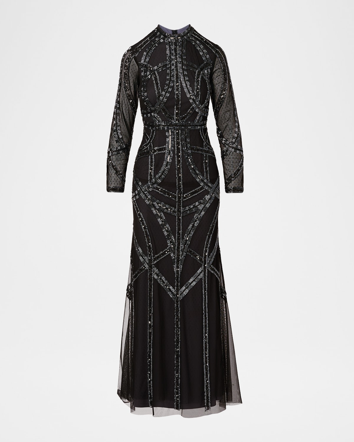Aidan Mattox Beaded Dotted Mesh Gown In Black