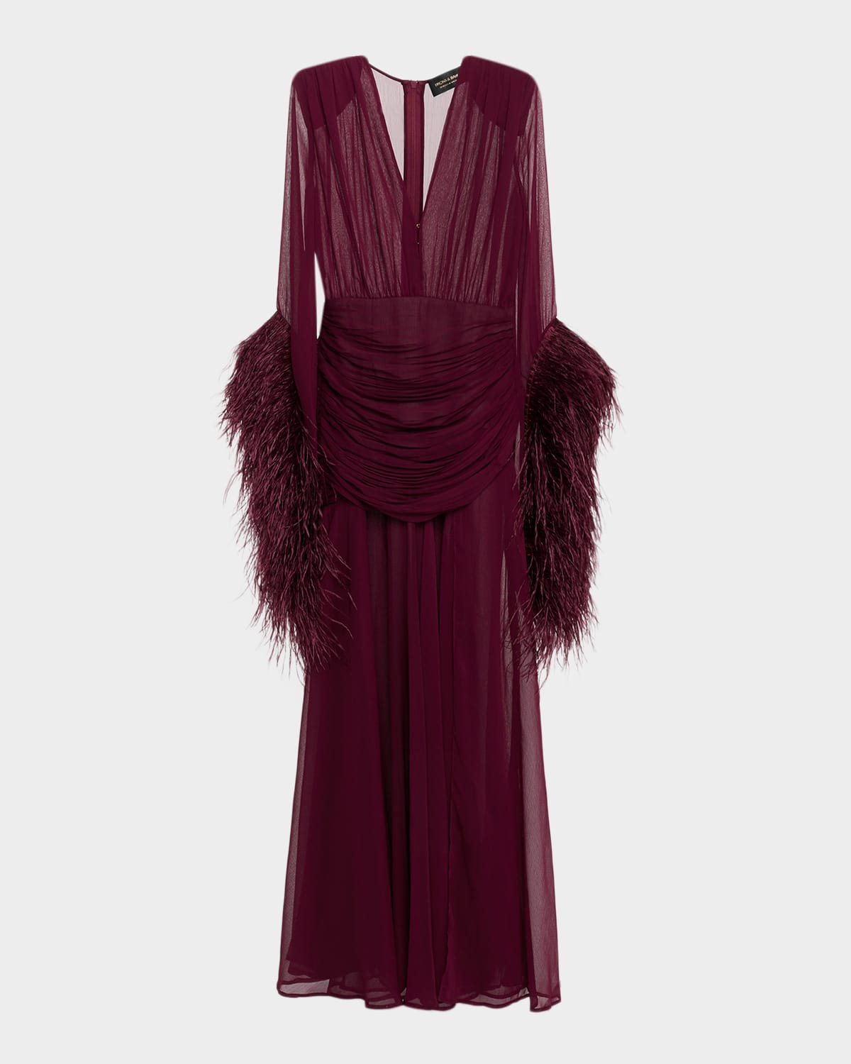 Bronx And Banco Geisha Feather-cuff Silk-blend Gown In Burgundy