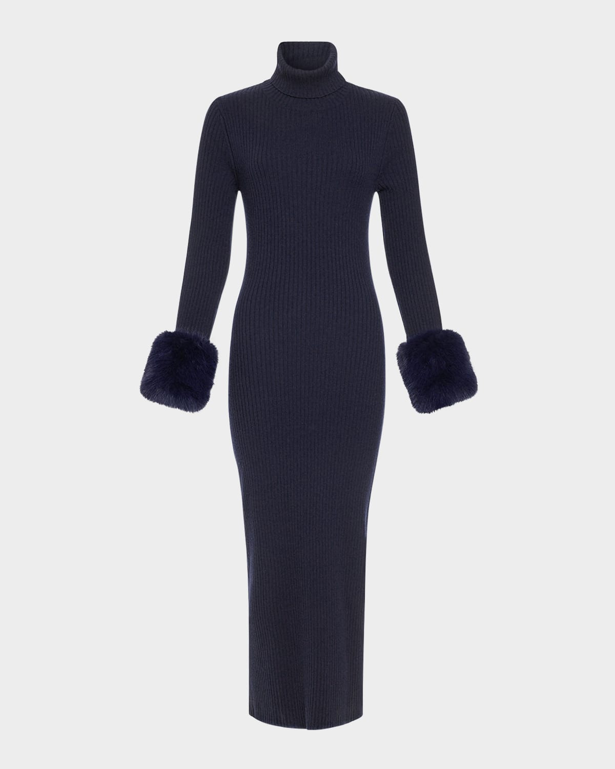Ramy Brook Linda Ribbed Turtleneck Dress With Faux Fur Trim In Blue