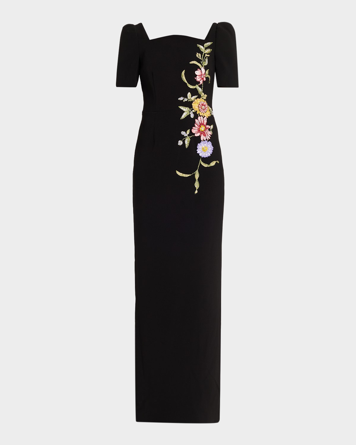 Rickie Freeman For Teri Jon Scalloped Crepe Short-sleeve Embroidered Gown In Black