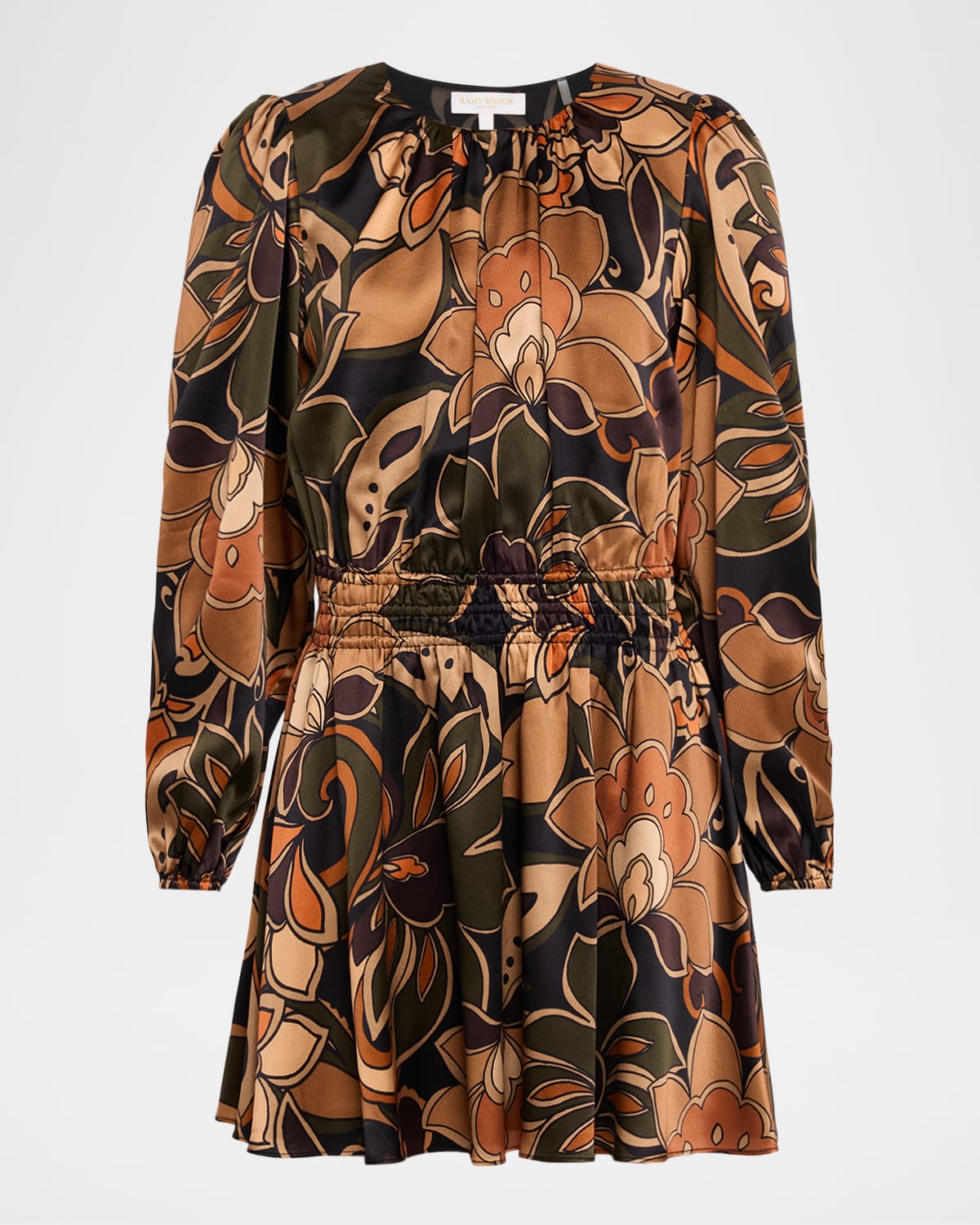 Ramy Brook Gloria Print Long Sleeve Stretch Silk Minidress In Brown