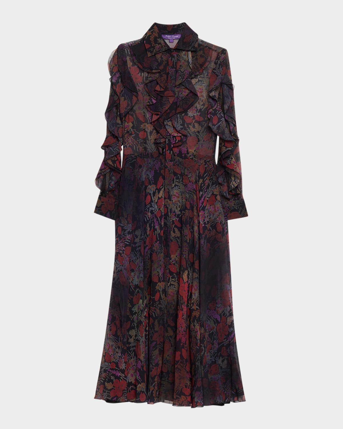 Ralph Lauren Mesh-inset Ruffle Chiffon Long-sleeve Maxi Shirtdress In Multi